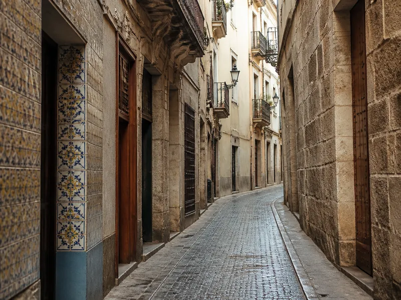 Calle estrecha de Ciutat Vella en Valencia con puertas antiguas de madera