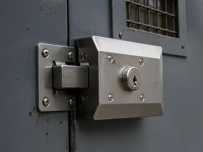 Cerradura de seguridad y escudo protector en una puerta metálica de Valencia